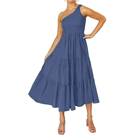 Summer Dresses for Women 2022 Fashion Women Boho Summer Solid One Shoulder Sleeveless Smocked Maxi Dress for Daily Wear in Summer