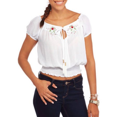 Moral Fiber Juniors' Short Sleeve Peasant Top with Embroidery