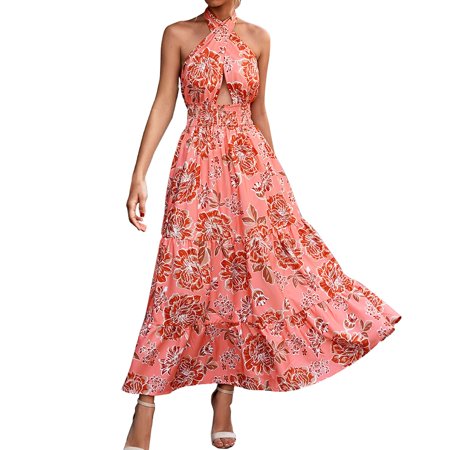 Gibobby Fall Dresses for Women 9306 Women S Sexy Halter Backless Floral Print Loose Flowy Pleated Party Maxi Dress Cotton Maxi Dress for Women