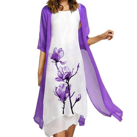Summer Dresses for Women 2022 Fashion Women Casual Floral Printing O-Neck Sleeveless Dress Solid Coat Two-Piece Set for Daily Wear in Summer