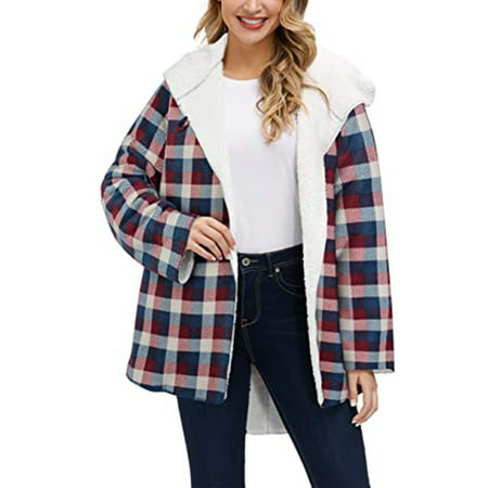 Niuer Women Open Front Check Jacket Ladies Fluffy Overcoats Long Sleeve Buffalo Hooded Hoodies Coat Blue 6
