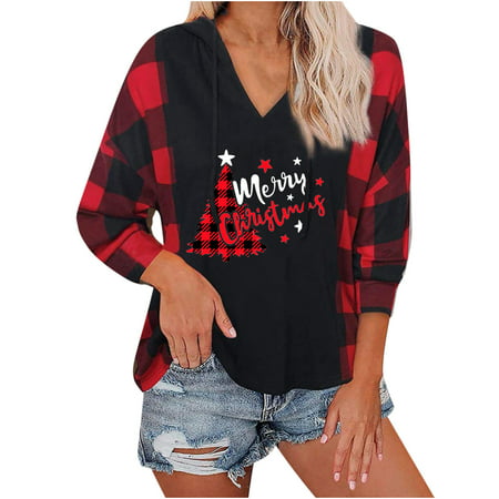 Women Fall Hoodies Clearance Hooded Pullover for Hoodies Chirstmas Print Casual Long Sleeve V-Neck Sweatshirts
