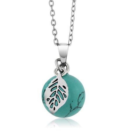 Beautiful Round Simulated Turquoise Pendant with Leaf Charm on 18