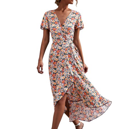 Gibobby Fall Dresses for Women 9318 Women Summer V Neck Short Sleeve Split Wrap Maxi Dress Waist Tie Casual Flowy Long Business Casual for Women