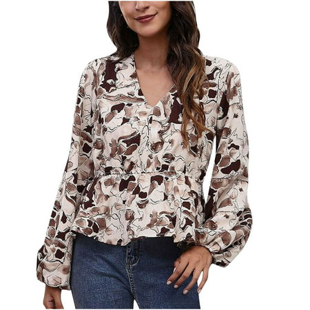 Usupdd Women S Autumn and Winter V-Neck Print Waist Lantern Sleeve Temperament Women S Top Workout Tops Sexy Shirts for Women Usupdd 220729-7263