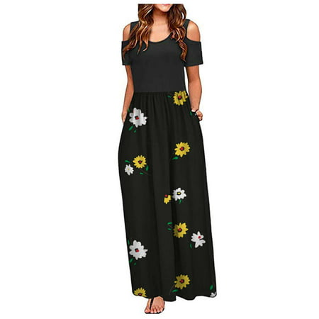 Yannianjz Maxi Long Party Dresses for Women Cold Shoulder Short Sleeve High Waisted Pleated Swing Dresses Tank Wedding Guest Dress NSY-6249