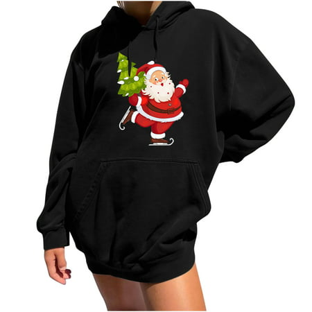 Women Fall Hoodies Clearance Christmas Loose Long Sleeve Hooded Printed Sweatshirt with Drop Shoulder Sleeves