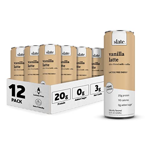 Slate Milk - High Protein Iced Coffee - Vanilla Latte - 20g Protein  1g Sugar  100 Calories - 11 Fl Oz  12 Cans
