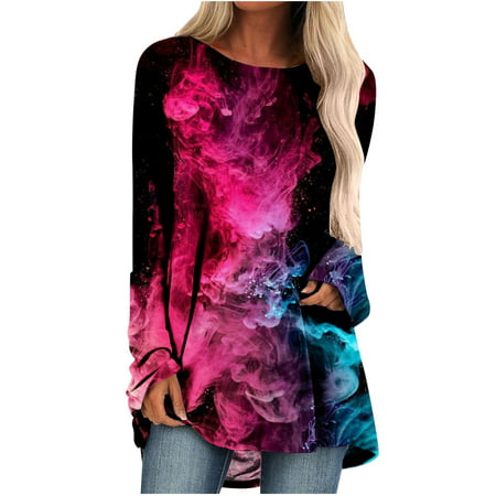 Sentmoom Long-Sleeve Vintage Slim Tshirt  Fall Blouses for Women Solid Relaxed Tunic Round Neck Classic Breathable Tees Generic Loose T-Shirt Soft Rel