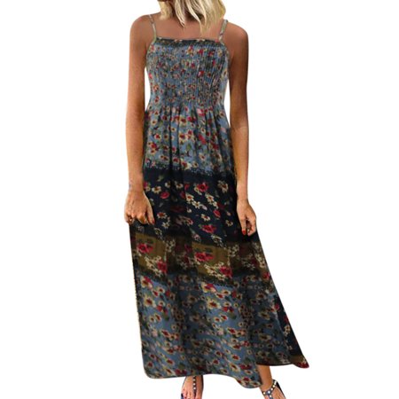 Gibobby Fall Dresses for Women 6229 Plus Size Maxi Dresses for Women Floral Sleeveless Vintage Straps O-Neck Women Print Surplice Dress for Women