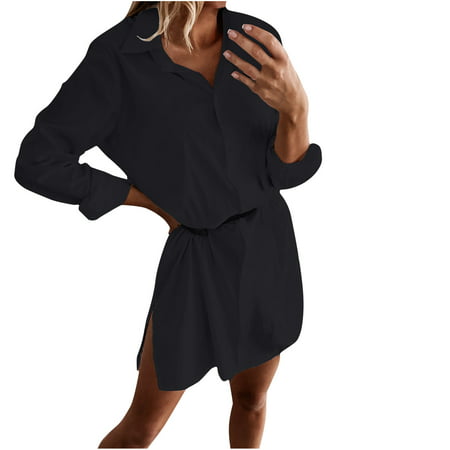Usupdd Fall Dresses for Women 6825 Women S Fashion Turndown Collar Long Sleeves Button Solid Color Casual Dress Female Casual Dress WCC220913-4804