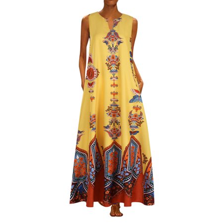 Yannianjz Womens Plus Size Long Maxi Dresses Summer Casual Boho V Neck Sleeveless Loose Maxi Dress with Pockets NSY-7287