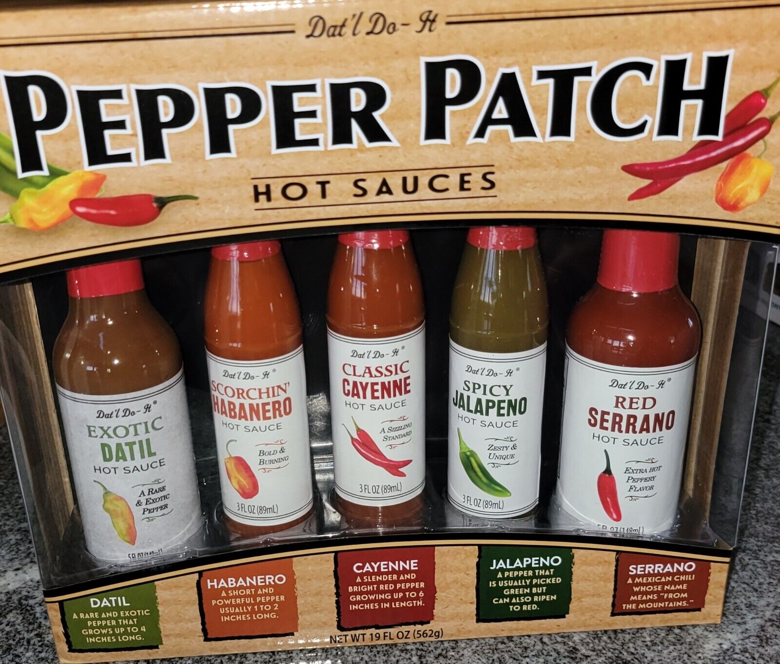 Dat L Do-It Inc Pepper Patch Hot Sauces  19 Fl. Oz.  5 Pack Flavor Variety Gift Set with Recipes and Facts