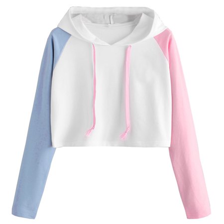Women Hoodies Clearance Girl Plus Size Patchwork Long Sleeve Casual Crop Jumper Pullover Tops XL