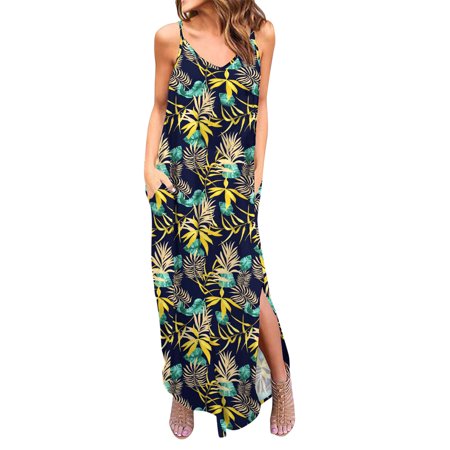 Gibobby Fall Dresses for Women 8775 Women Loose Dress Split Maxi Neck V Long Casual Cami with Pocket Strappy Beach Casual Pregnancy Dresses
