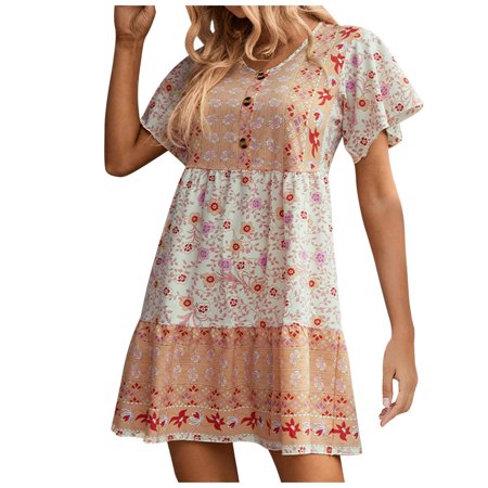 Swiusd Long Dresses for Women Summer Black Business Casual Flower Orange Women Fashion Short Sleeve Print Button V Neck Loose 3251 Ladies Button Posit