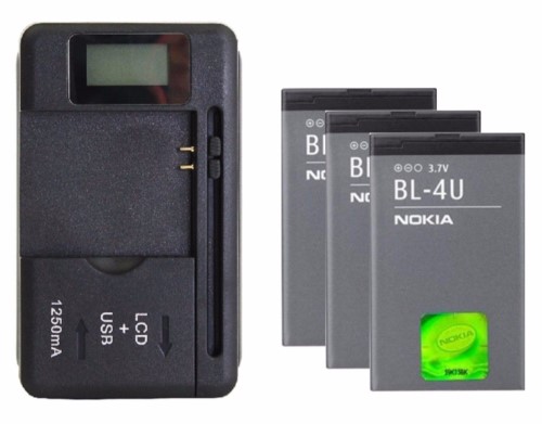 3X 1000mAh Batteries BL-4U + Unviersal LED Charger for Nokia 3120 5330 5730 6216
