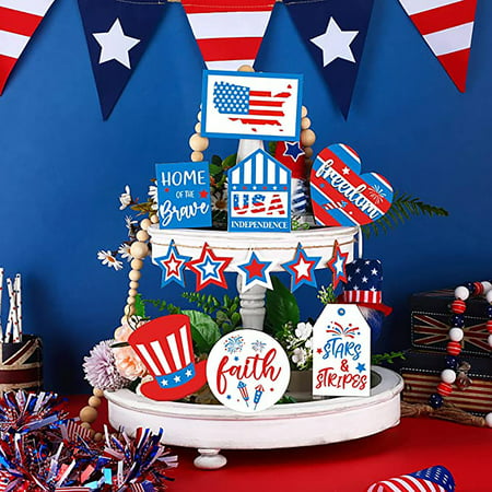Usupdd 2022 Independence Day Tiered Tray Decor Kitchen Living Room Wooden OrnamentUsupdd WBB220811-4875