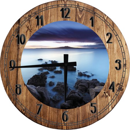 Large Wood Wall Clock 24 Inch Round Stone Path Into the Foggy Ocean Water Scenic Sky Round Small Battery Operated Brown Wall Art