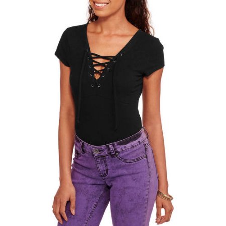 Moral Fiber Juniors' Lace-up Cap Sleeve Bodysuit