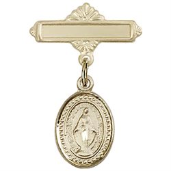 14k Gold Filled Baby Badge with Miraculous Charm and Polished Badge Pin 1 X 5/8 Inch Series 0700/073