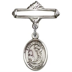 Sterling Silver Baby Badge with St. Cecilia Charm and Polished Badge Pin 1 X 5/8 Inch