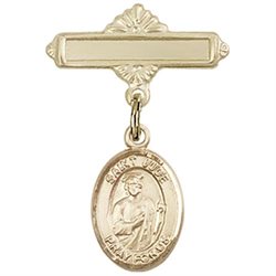 14k Gold Filled Baby Badge with St. Jude Thaddeus Charm and Polished Badge Pin 1 X 5/8 Inch
