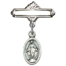 Sterling Silver Baby Badge with Blue Miraculous Charm and Polished Badge Pin 1 X 5/8 Inch Series 412