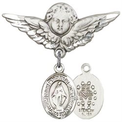 Sterling Silver Baby Badge with Miraculous Charm and Angel W/wings Badge Pin 1 1/8 X 1 1/8 Inch Seri