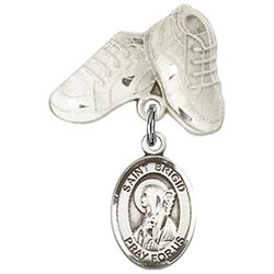 Sterling Silver Baby Badge with St. Brigid of Ireland Charm and Baby Boots Pin 1 X 5/8 Inch