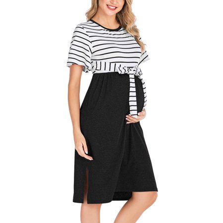 Usupdd Pregnant Women Clothes Round Neck Short-sleeved Striped Maternity Casual Dress Usupdd WCC220822-6229