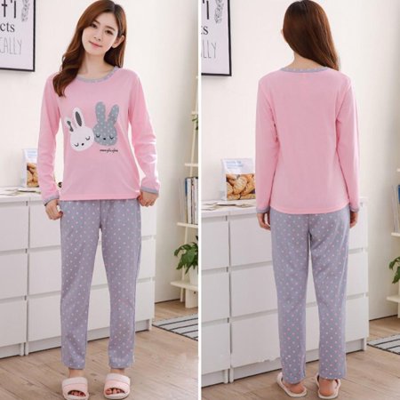 2pcs/set Women Pajamas Cartoon Printed Pajamas Full Long Pajamas Suit O-neck Pajamas + Sleep Pants