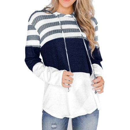 Women S Long Sleeve Tee Shirt  Ladies Tops and Blouses Women S Tops Undershirts for Scrubs Women Plus Size Striped Color Block Drawstring Hoodie Sweat