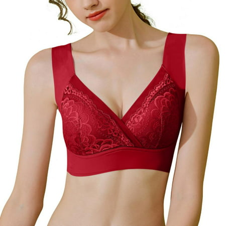 Wire Free Bra Leisure Sports Bra Female Seamless Underwear Floral Lace Bra Thin Cup Bra Front Cross Lace Bra Full Cup Bra Women Push up Bralette