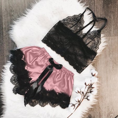 FengLS Women V-Neck Eyelash Lace Sexy Stain Camisole Pajamas Bowknot Shorts Set 10-Ladies Clothes-14A#34312 Womens Clothes MYFWomen V-Neck Eyelash