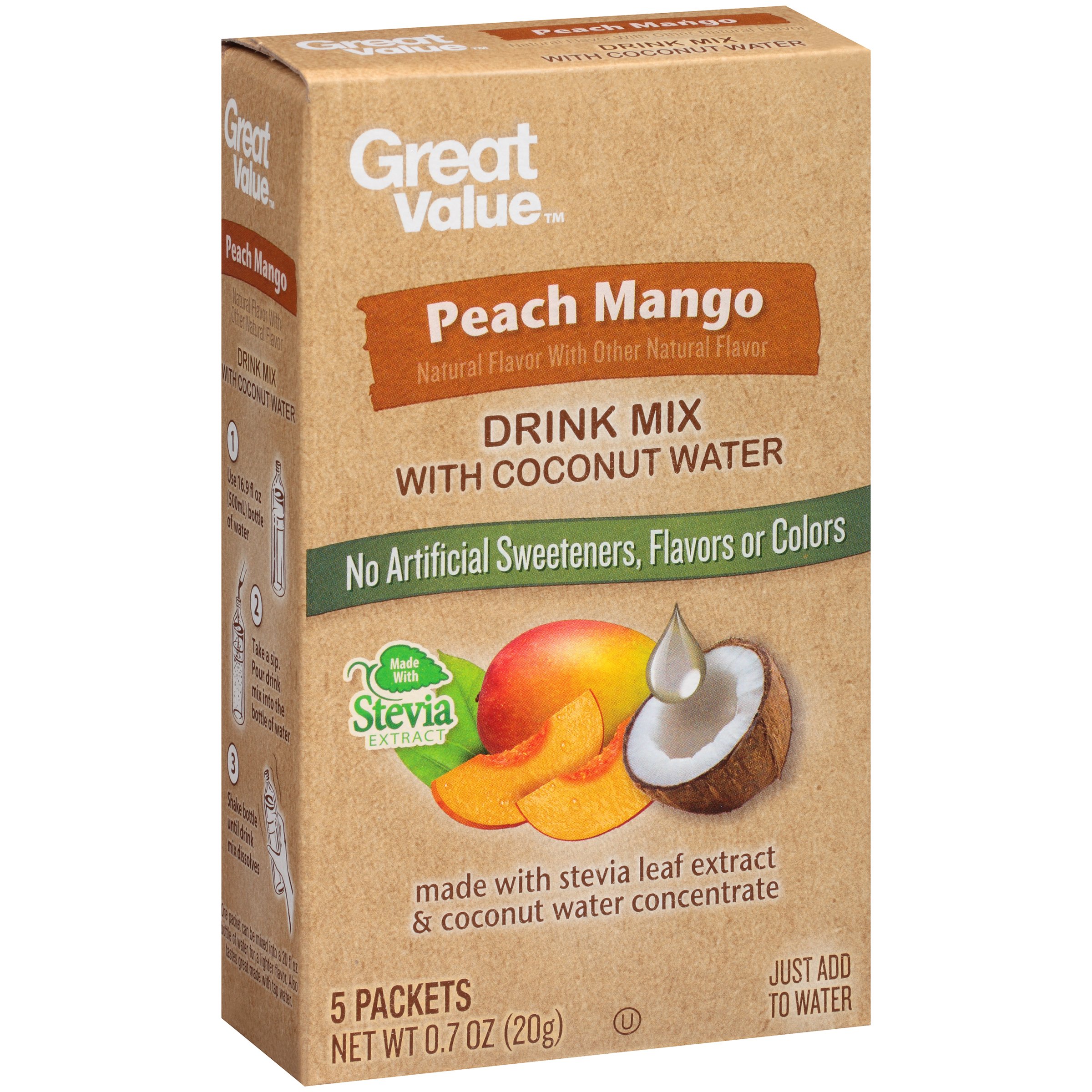 Great Value Peach Mango Drink Mix with Coconut Water, 0.7 Oz, 5 Count Image