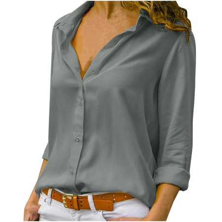Women S Long Sleeve Tops  White T Shirts for Women Shirts Button Down Shirt Women S Casual Single-Breasted Lapel Solid Color Long-Sleeved Chiffon Shir