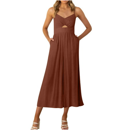 Usupdd Womens Fashion Summer Solid Pocket Casual Sleeveless Suspender Jumpsuit Square Neck Tops for Women Sleep Shirts for Women Usupdd 220729-7525