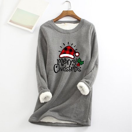 TOMKISA Women O-Neck Loungewear Nightgowns Long Sleeve Christmas Print Fall Fleece Tops Slim #1136