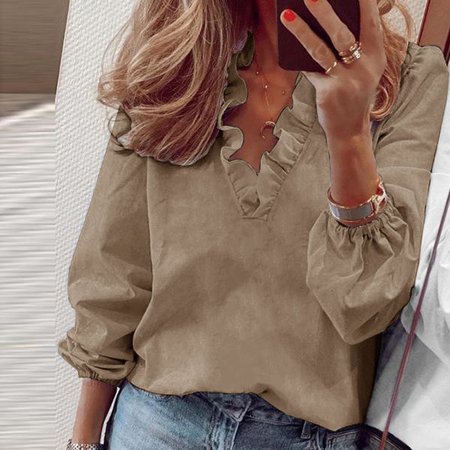Women S Crop Tops  Athletic Long Sleeve Shirt Women Workout Tops for Thermal Undershirt Women S Fashion Solid Color Loose Ruffle Autumn V-Neck Shirt P