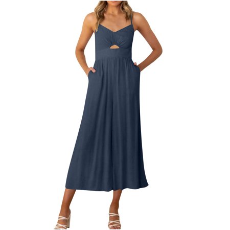 Usupdd Womens Fashion Summer Solid Pocket Casual Sleeveless Suspender Jumpsuit Square Neck Tops for Women Sleep Shirts for Women Usupdd 220729-7540