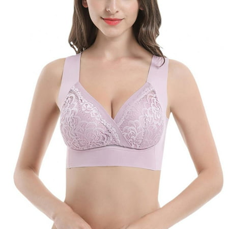 Wire Free Bra Leisure Sports Bra Female Seamless Underwear Floral Lace Bra Thin Cup Bra Front Cross Lace Bra Full Cup Bra Women Push up Bralette