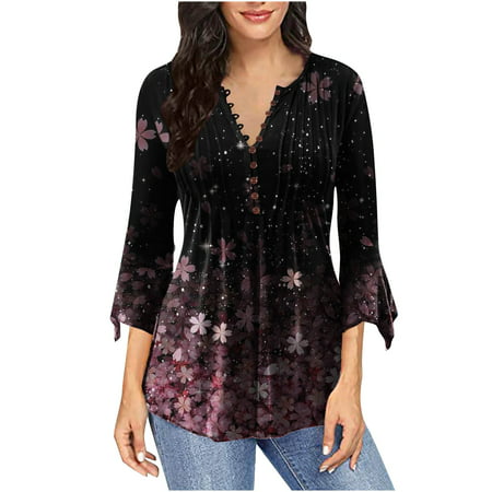 FengLS Women S Casual Trumpet 3/4 Sleeve Printing Buttoned Basic Ruched Corset Tunic Tops Pleated T-shirts Blouses 10-Ladies Clothes-10A#9253 Womens C
