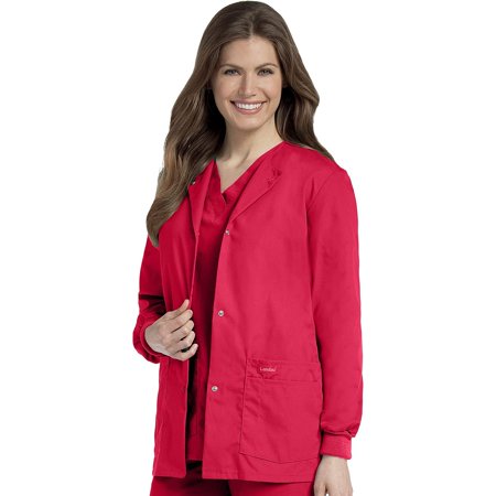 Essentials Relaxed Fit 4-Pocket Snap-Front Scrub Jacket for Women 7525  True RED  Small  65% Polyester  35% Combed Cotton