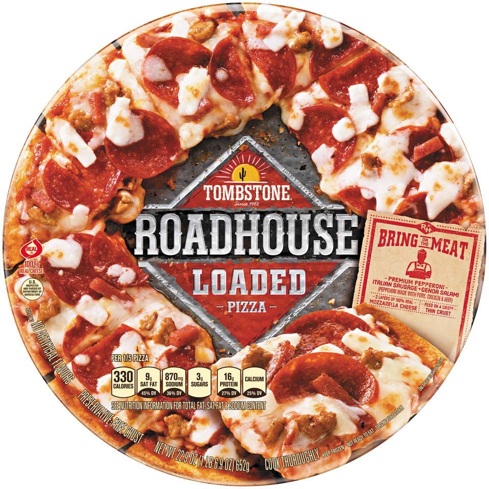 BRING ON THE MEAT PREMIUM PEPPERONI ITALIAN SAUSAGE + GENOA SALAMI, MOZZARELLA CHEESE, THIN CRUST LOADED PIZZA, BRING ON THE MEAT