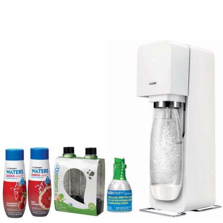 Sodastream Source Home Soda Maker Starter Kit, White, 1l Carbonating Bottles Black, Waters Zeros W/ 2 Flavor Pink Grapefruit & Cranberry Raspberry