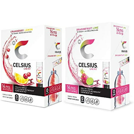 Celsius on-the-Go Powder Stick  Combo Pack of Dragonfruit Lime and Cranberry Lemon  28 Piece Assortment