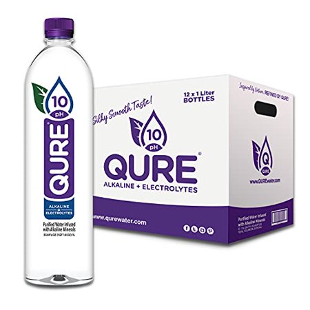 QURE Water  Premium 10 PH Ionized Alkaline Bottled Water  Silky Smooth Taste Infused with Electrolytes  33.8 Fl Oz (1 Liter) Pack of 12