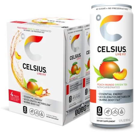 Celsius Essential Energy Drink 12 Fl Oz  Peach Mango Green Tea (Pack of 4)