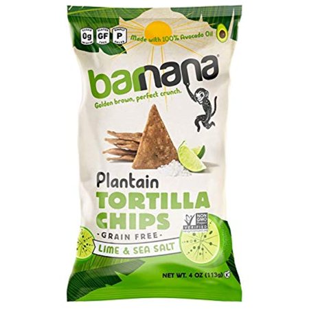 Barnana Grain Free Plantain Tortilla Chips  Golden Brown  Made with 100% Avocado Oil  Lime & Sea Salt  4 Oz
